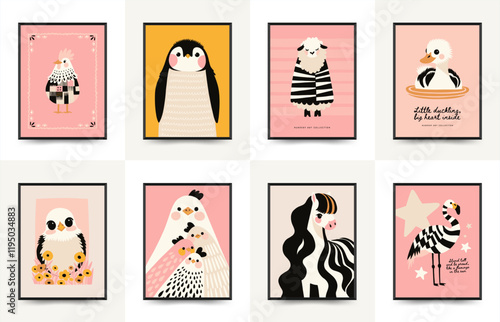 Abstract Childrens Room posters template with animals. Modern trendy Kids minimal style. Hand drawn design for wallpaper, wall decor, print, postcard, cover, template, banner.