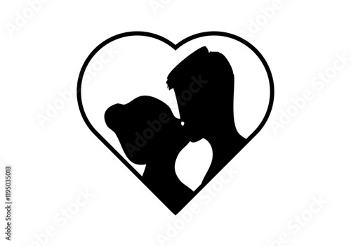 Icono negro de corazón con pareja besándose