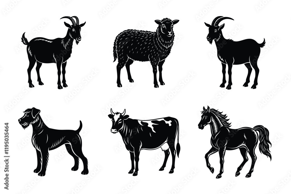Fototapeta premium Animal silhouettes set. Domestic animals cat, dog, cow, horse, sheep, goat vector illustration