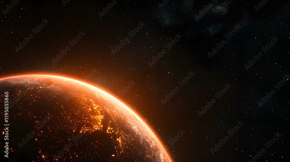 Obraz premium The image shows a view of Earth from space, with the sun setting or rising on the horizon. The Earth's surface is highlighted with an orange glow, showing the lights of cities at night against the d