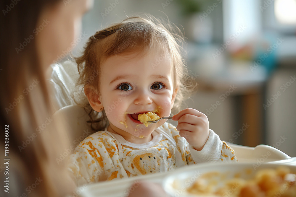 Adorable Baby Eating his her first food in Highchair, Generative AI artwork