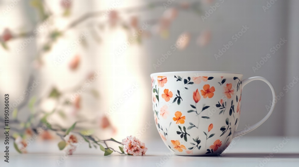Elegant Teacup with Delicate Floral Pattern on White Background Elegant Teacup with Delicate Floral Pattern on White Background