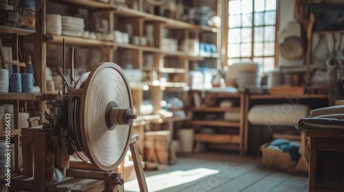 spinning wheel in motion, turning wool into thread, in a homely workshop with shelves photo