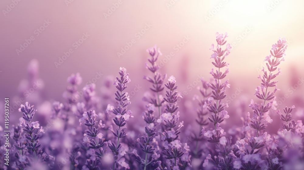 Obraz premium Soft lavender blooms stretch towards the pastel sky in a serene garden at dawn, creating a calming atmosphere with a gentle blend of lavender and pale pink hues