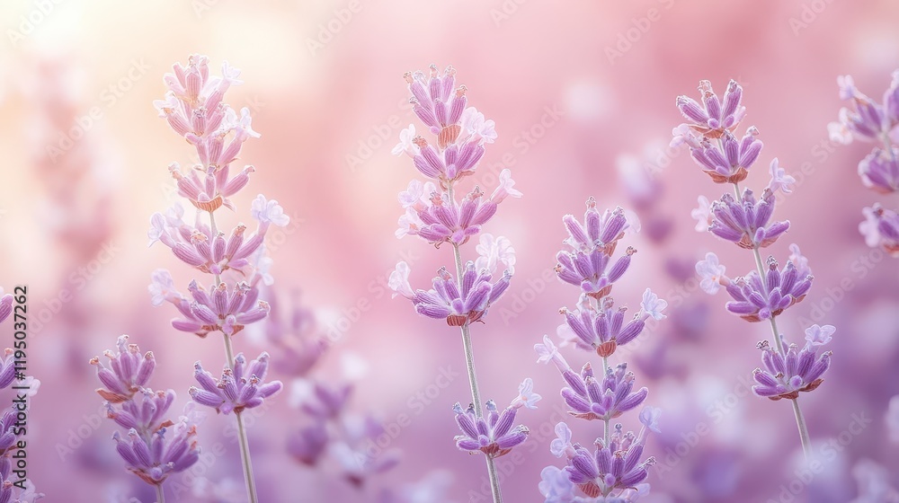 Obraz premium Lavender blooms flourish against a soft lavender gradient blending seamlessly into a pale pink background, capturing the essence of a serene summer day in a flower garden