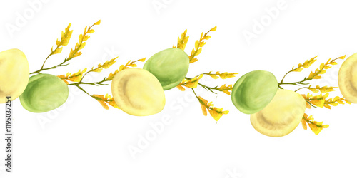 Easter colored yellow and green eggs with floral decoration seamless banner. Isolated springtime border with Easter eggs and wildflowers for poster, invitation, web design. Product packing photo