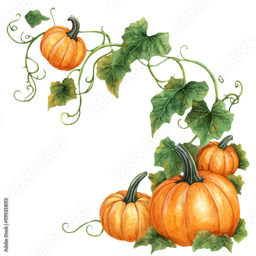 A watercolor of a Pumpkin Vine, isolated on a white background. Pumpkin Vine vector.
