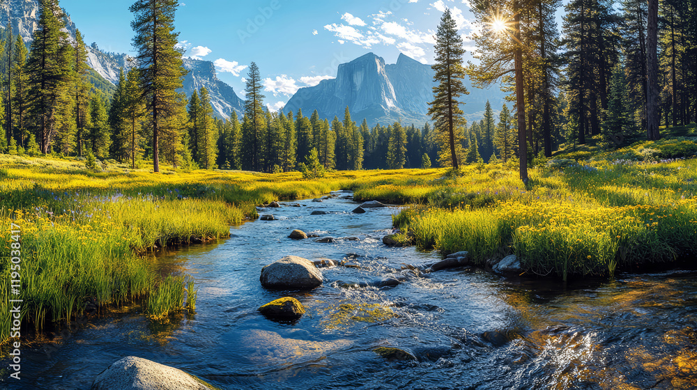 The travel image features snow-capped mountains, forests and clear streams with sunrise. The travel image features snow-capped mountains, forests and clear streams with sunrise.