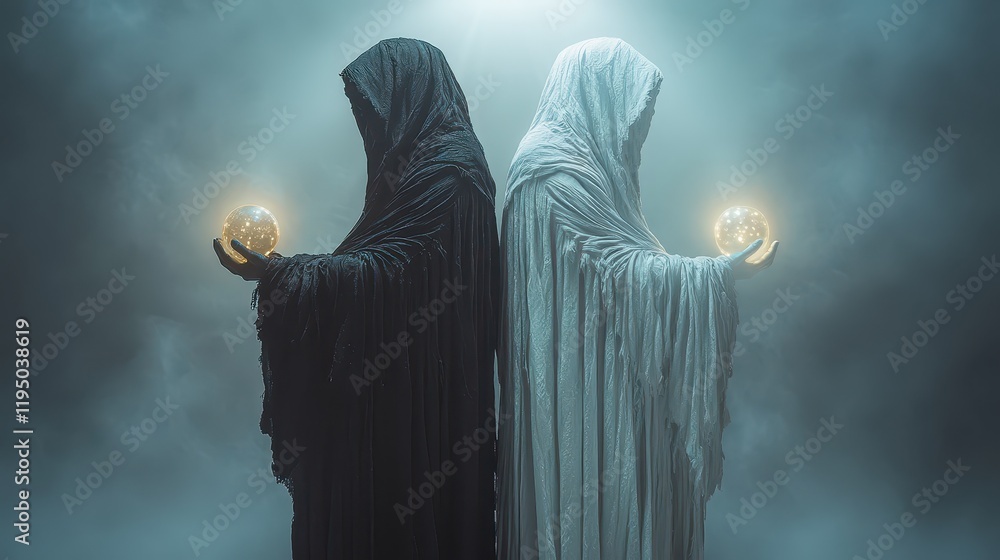 Twin sorcerers standing back to back in a mystical setting, one cloaked in black and the other in white, each holding a glowing orb, surrounded by an ethereal mist Twin sorcerers standing back to back in a mystical setting, one cloaked in black and the other in white, each holding a glowing orb, surrounded by an ethereal mist