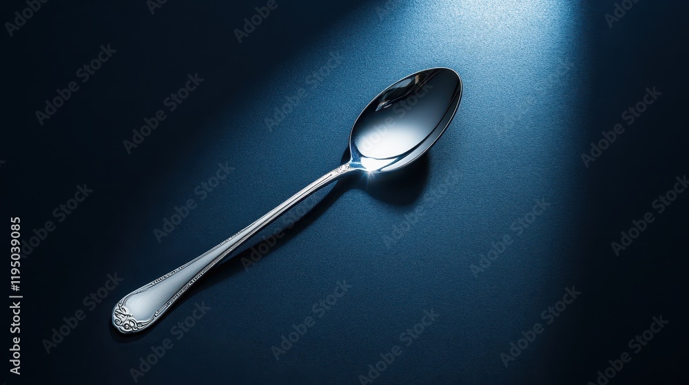 Elegant silver spoon placed elegantly on a deep navy blue surface illuminated by soft light, creating a captivating visual contrast with shadows enhancing its features Elegant silver spoon placed elegantly on a deep navy blue surface illuminated by soft light, creating a captivating visual contrast with shadows enhancing its features