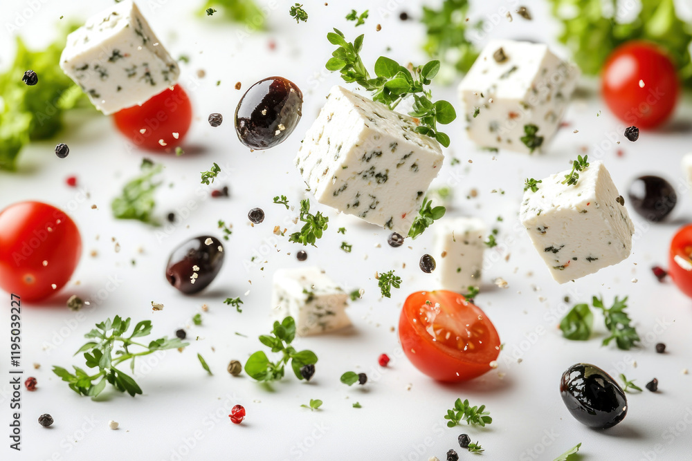 White plate piled with feolite, olives, and tomatoes. White plate piled with feolite, olives, and tomatoes.
