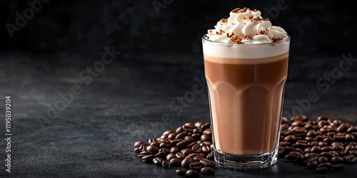 Caffe mocha topped with whipped cream in a clear glass on a dark backdrop surrounded by coffee beans with space for text on the left photo