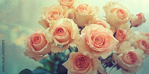 Soft pink roses arranged in a bouquet with a blurred vintage background featuring greens and subtle light, creating a romantic and nostalgic atmosphere.