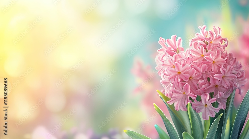 Fototapeta premium Close-up of blooming hyacinths with blurred springtime colors in the background, copy area included