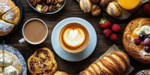 Panel kuchenny z motywem Delicious breakfast spread with coffee cup in center surrounded by pastries nuts and berries on rustic wooden table in warm tones