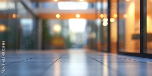 Wallpaper Mural Abstract view of a modern office corridor with blurred glass walls, warm ambient lighting, and tile flooring in soft shades of gray and brown. Torontodigital.ca