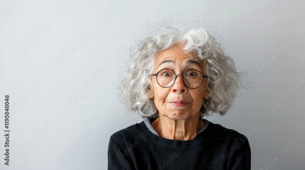 Neutral closeup of an older woman with grey hair on a white background. Neutral closeup of an older woman with grey hair on a white background.