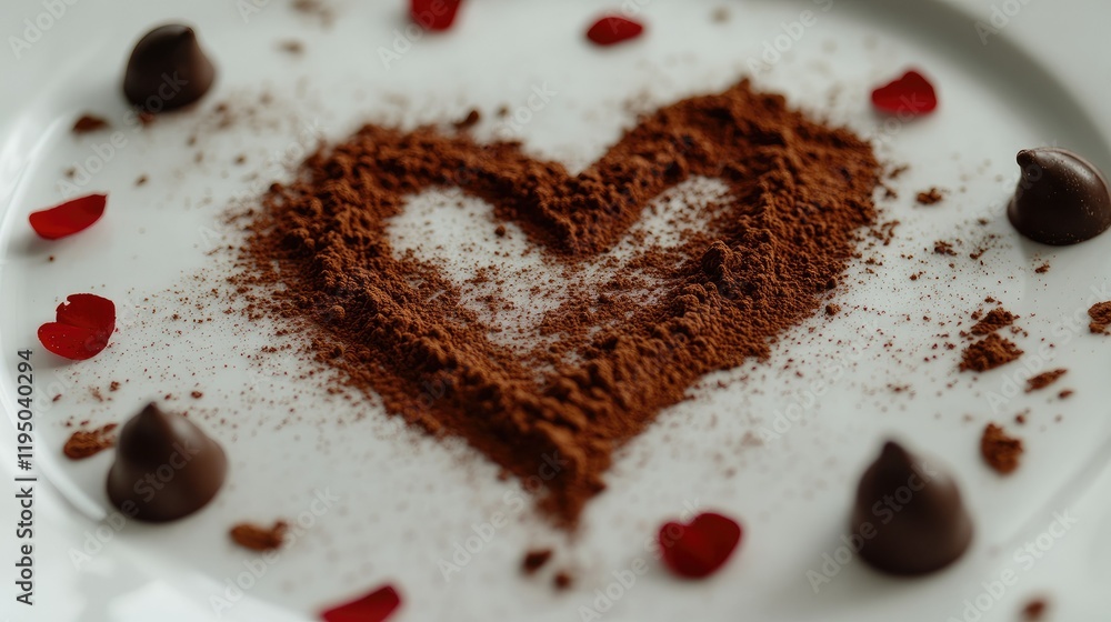 Fototapeta premium Close-up of cocoa powder forming a heart shape on a white surface with chocolate decorations around