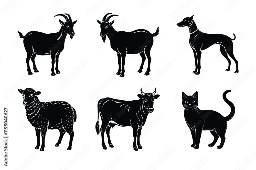 Fototapeta premium Animal silhouettes set. Domestic animals vector illustration