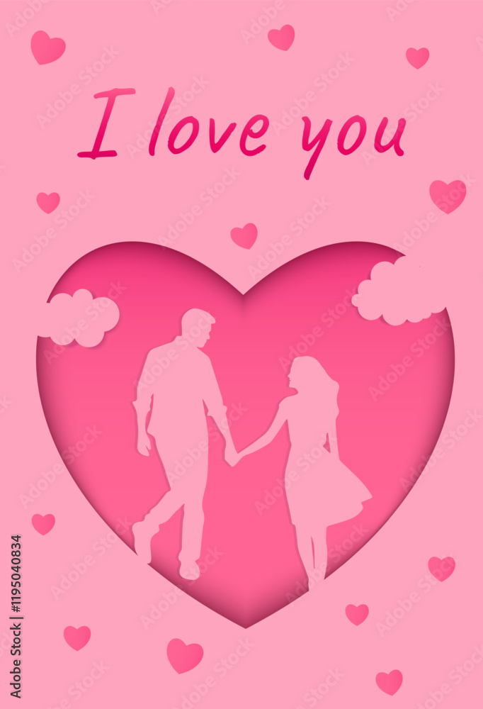valentines day card with couple in love and hearts and paper cut style valentines day card with couple in love and hearts and paper cut style