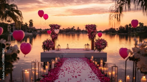 Sunset Romance on the Lake: A breathtakingly romantic scene unfolds as a wooden dock stretches out over a tranquil lake, illuminated by flickering candles and surrounded by a stunning sunset.