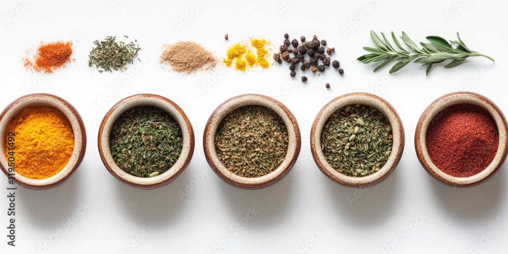 Bowls of vibrant spices arranged in a row on a white background featuring yellow turmeric green herbs and red paprika with scattered spices Bowls of vibrant spices arranged in a row on a white background featuring yellow turmeric green herbs and red paprika with scattered spices