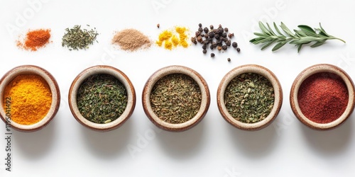 Fototapeta Naklejka Na Ścianę i Meble -  Bowls of vibrant spices arranged in a row on a white background featuring yellow turmeric green herbs and red paprika with scattered spices