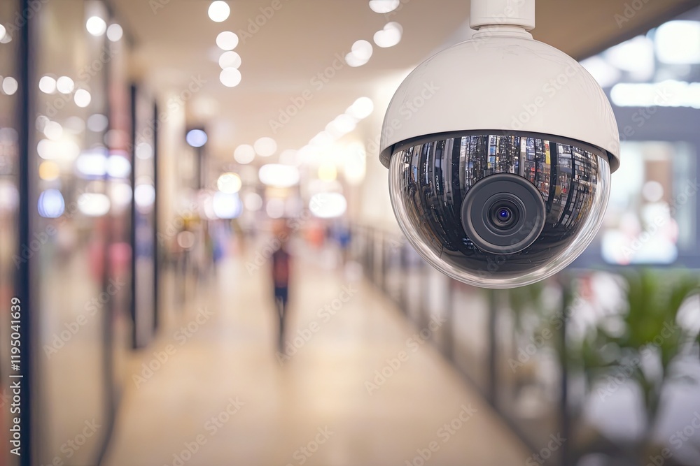 Surveillance camera monitors lively shopping mall, ensuring secu Surveillance camera monitors lively shopping mall, ensuring secu