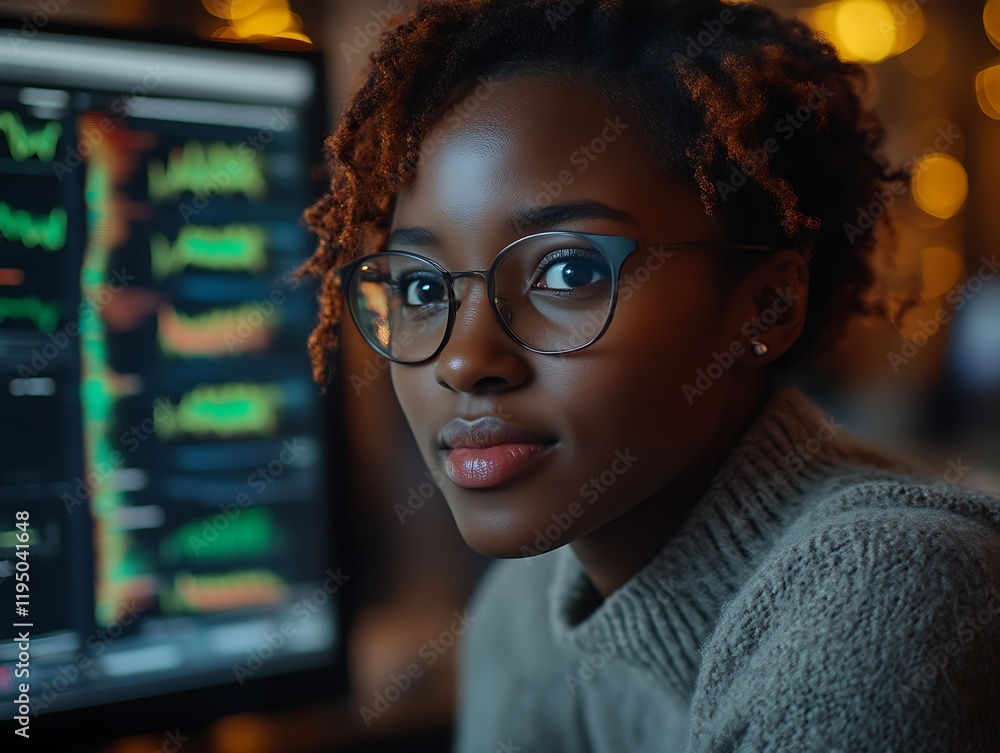 Confident woman programmer at night. Confident woman programmer at night.