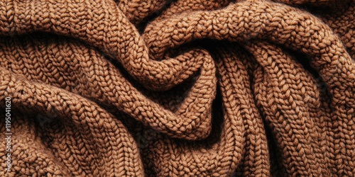 Cozy brown knitted fabric close-up with textured waves and folds in warm tones creating a soft, inviting atmosphere for knitwear designs photo