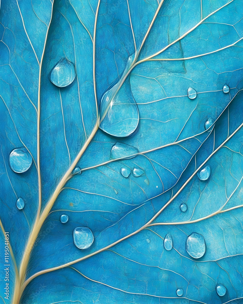 Fototapeta premium Stunning close-up of a vibrant blue leaf adorned with glistening water droplets, showcasing intricate leaf veins and natural texture.