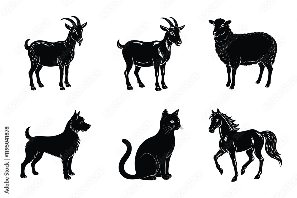 Fototapeta premium Animal silhouettes set. Domestic animals vector illustration