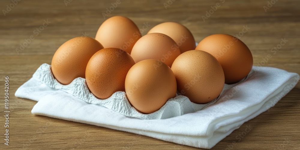 Brown chicken eggs arranged in a carton on a white napkin with a wooden background highlighting warm tones and natural textures. Brown chicken eggs arranged in a carton on a white napkin with a wooden background highlighting warm tones and natural textures.