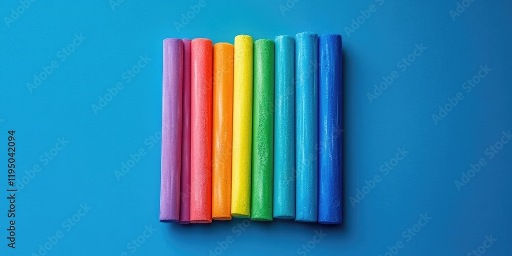 Obraz premium Colorful chalk sticks arranged in a horizontal line on a vibrant blue background showcasing pink, red, yellow, green, and blue hues.