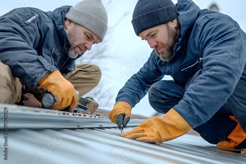 Two men working on the roof, one man is wearing winter gear and gloves while another wears dark blue workwear with orange boots photo