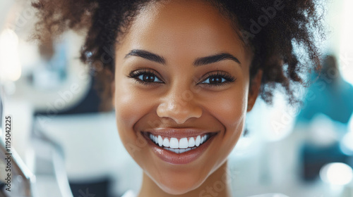 A young black woman smiles relaxedly showing off her white healthy teeth at a dentist appointment. The environment is clean and professional. photo