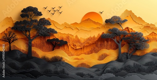 3D wallpaper with trees, mountains, and birds in a pastel color scheme photo