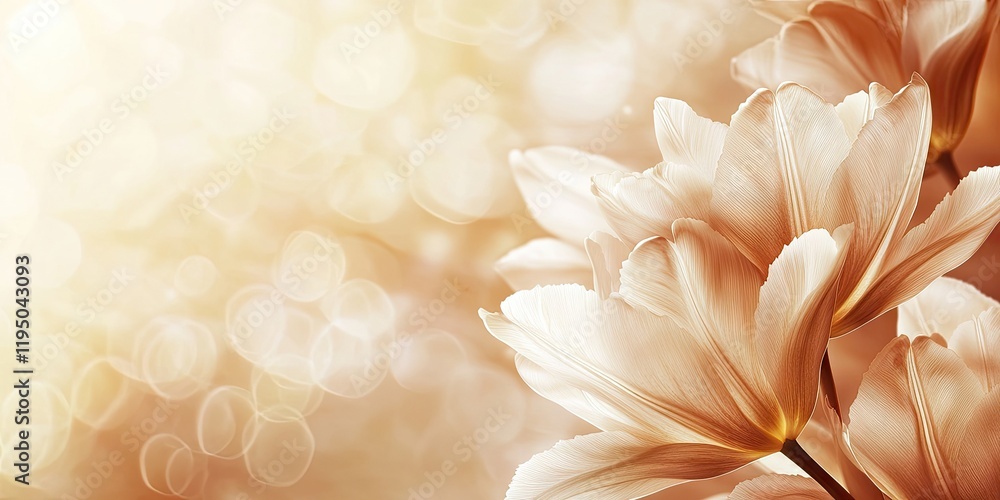 Obraz premium Elegant soft brown wallpaper with delicate white tulip petals positioned on the right, featuring a warm blurred background for text placement.