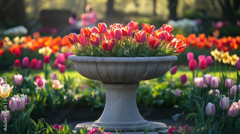 Naklejka premium garden oasis, in a bright spring morning, a garden surrounded by tulips, daffodils, and chirping birds embraces a natural stone pedestal
