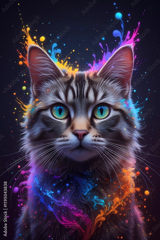 Fototapeta premium Colorful cat portrait with vibrant splashes of paint showcasing stunning emerald eyes at nighttime