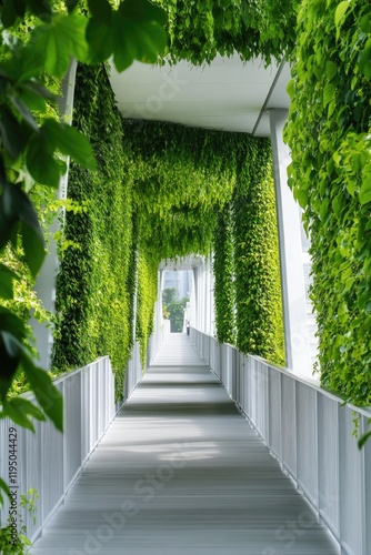 Lush greenery envelops modern corridor, creating serene and invi photo