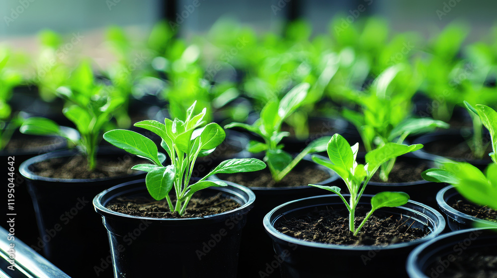 Growing plants in pots, showcasing sustainable agriculture practices and green growth Growing plants in pots, showcasing sustainable agriculture practices and green growth