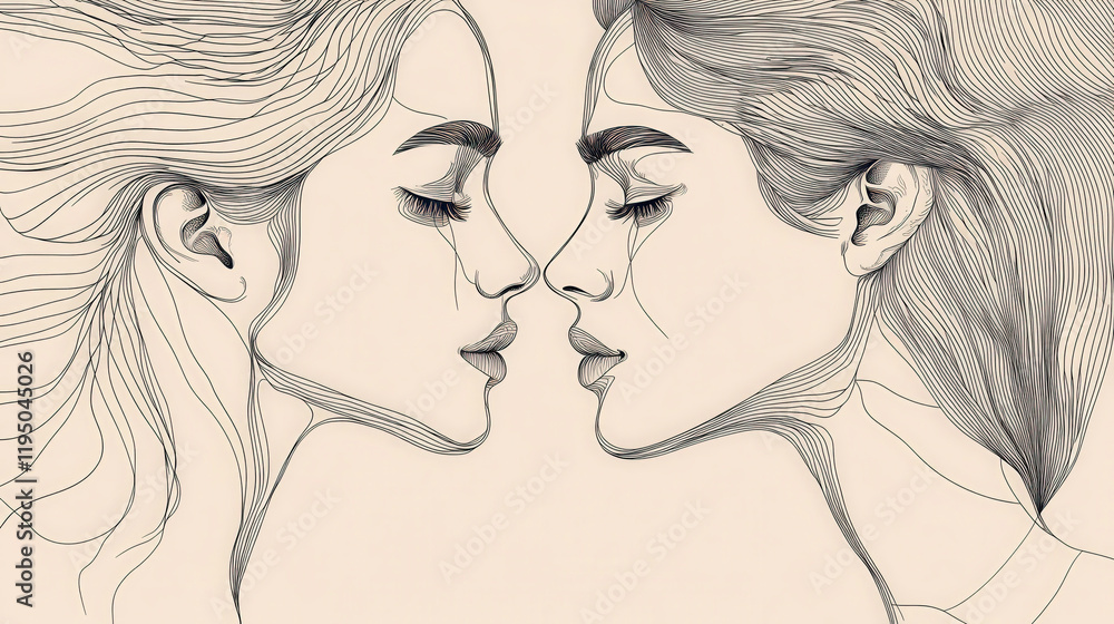 Artistic Line Drawing of Two Female Faces in Profile Emphasizing Emotions and Connection with Flowing Hair and Delicate Features Artistic Line Drawing of Two Female Faces in Profile Emphasizing Emotions and Connection with Flowing Hair and Delicate Features
