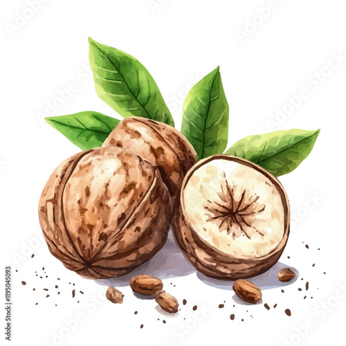 A watercolor vector of Nutmeg, isolated on a white background. Nutmeg vector.
