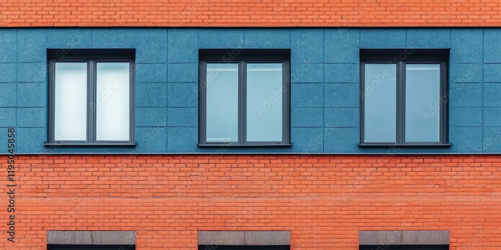 Obraz premium Contemporary residential building facade showcasing red brick and blue paneling with three evenly spaced dark window frames against a clear sky.