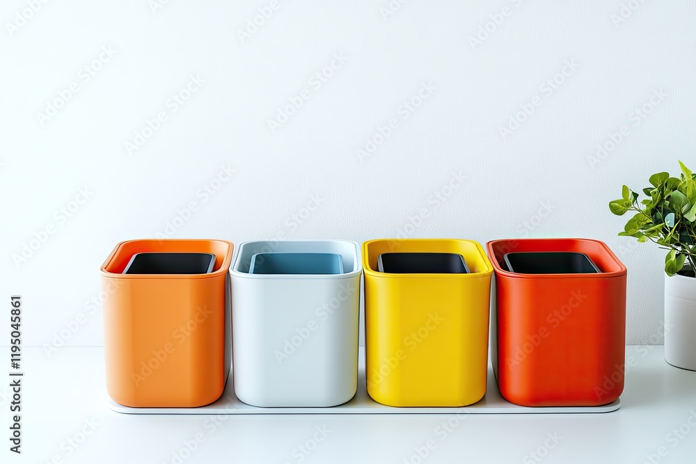 Colorful planters arranged in row, showcasing modern aesthetic a Colorful planters arranged in row, showcasing modern aesthetic a