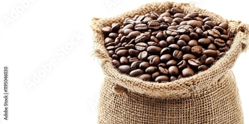 Burlap sack overflowing with dark roasted coffee beans on a white background creating ample negative space for text and designs photo