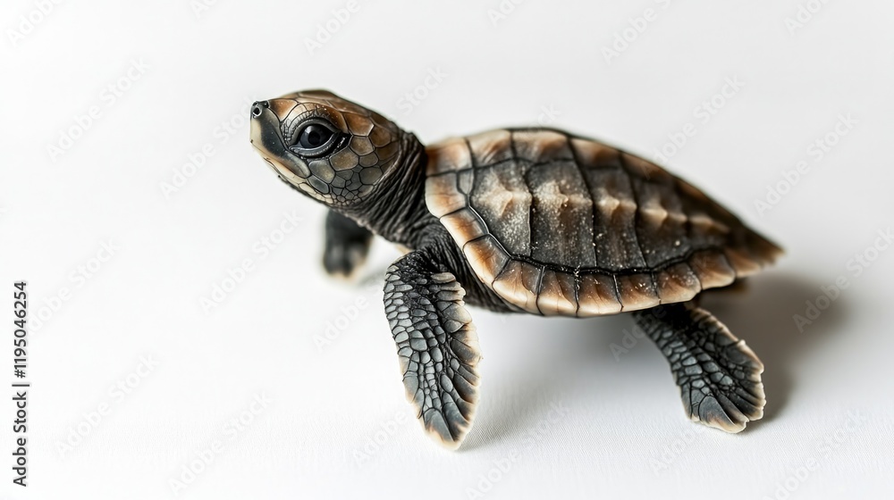 Naklejka premium Baby turtle crawls on smooth surface, showcasing intricate shell