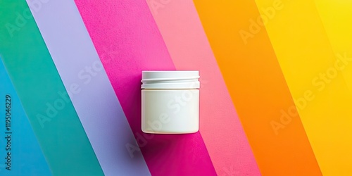 Bright rainbow-colored background with diagonal stripes in pink, purple, blue, and yellow featuring a centered white jar with a lid. photo