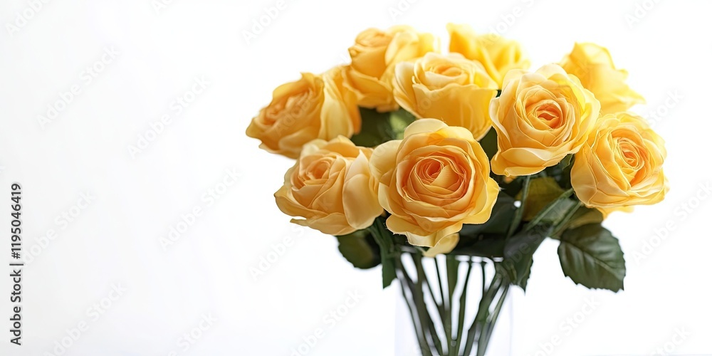 Artificial yellow fabric roses in a glass vase positioned right on a white backdrop with selective focus highlighting floral details and colors. Artificial yellow fabric roses in a glass vase positioned right on a white backdrop with selective focus highlighting floral details and colors.